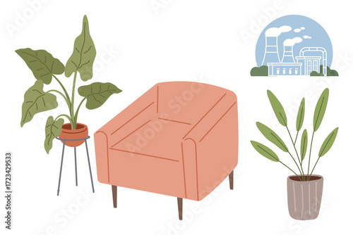 Pink armchair flanked by lush green potted plants, contrasted with a distant factory. Ideal for interior design, eco-balance, industry vs. nature, sustainability, minimalism, eco-awareness simple
