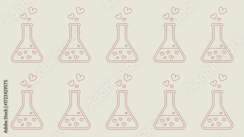 Seamless pattern of erlenmeyer flasks filled with hearts and heart shaped vapors on a cream background