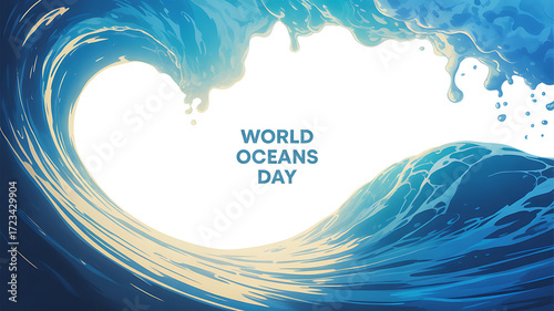 Fototapeta Naklejka Na Ścianę i Meble -  Illustration of a stylized ocean wave forming a heart shape with 'World Oceans Day' text inside