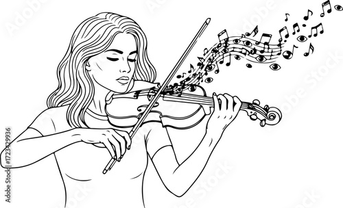 A woman playing the violin with musical notes floating around her, creating a harmonious atmosphere, isolated on white background, in a detailed line art