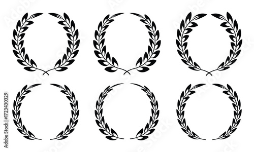 Set of black circular laurel wreath. Emblem floral Greek branch of oak leaves, eucalyptus leaf, Wheat, winner award, champion medal, swirls, twigs and flower ornaments vector