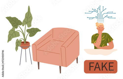 Armchair and houseplant meeting cozy interiors, AI-connected thinking human with neural nodes, Fake stamp. Ideal for technology, deception, AI ethics, interior, cognitive skepticism, modern art flat