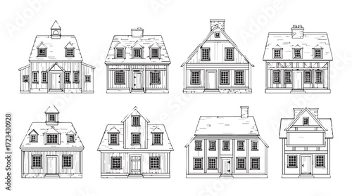 Collection of eight detailed hand-drawn architectural styles of residential homes exterior views silhouette