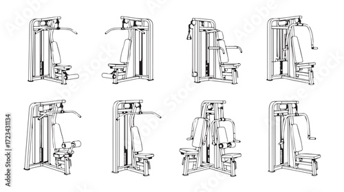 Set of eight stylized line art drawings of antique cast iron treadle sewing machines in a grid layout for vintage craft inspiration silhouette