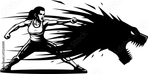 A woman unleashing a dragon punch, isolated on white background, blending martial arts with mythical power in a dynamic and visually striking artwork