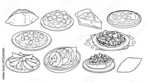 Hand drawn assortment of baked goods and desserts delicate sketch style for culinary projects silhouette