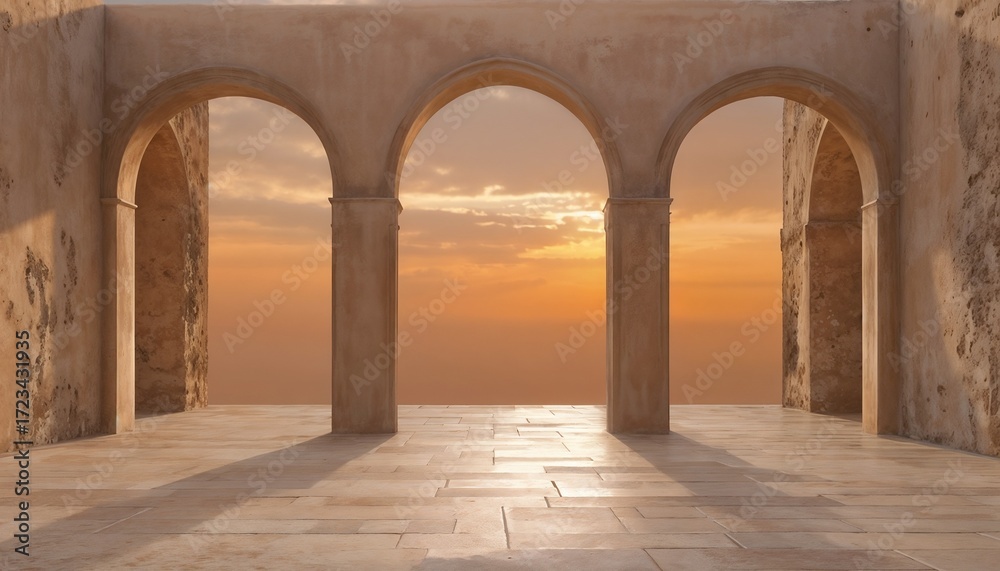 Fototapeta premium Serene Sunset Through Grand Sandstone Arches With Lanterns