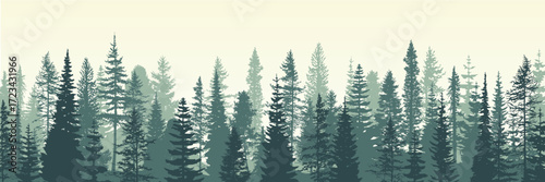 Coniferous forest in the morning haze, vector illustration, panoramic view