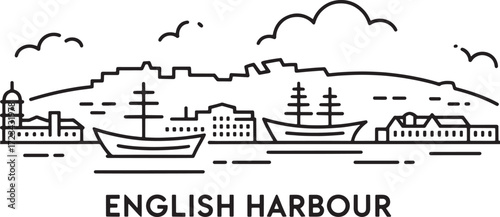English Harbour Antigua and Barbuda Silhouette Cityscape Line Art Landmark Vector Skyline