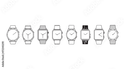 Collection of minimalist wristwatch designs showing diverse shapes and styles silhouette
