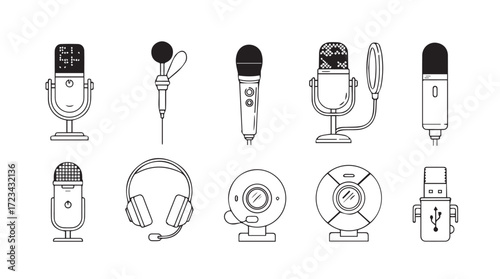 Collection of hand drawn microphones and headphones for podcasting audio recording and broadcasting silhouette
