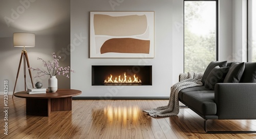 Minimalist modern living room with a sleek gas fireplace, abstract wall art, grey sofa with knit blanket, wood floors, and a round wooden coffee table