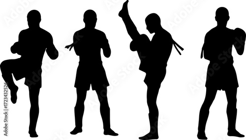 silhouette thai boxing postures muay thai poses in black shape monochrome vector