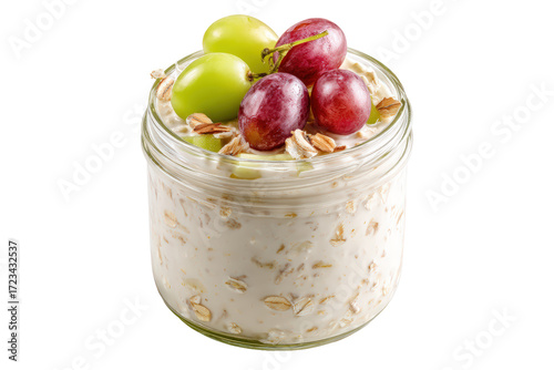 Overnight oats in a jar topped with fresh grapes and granola, isolated on transparent background