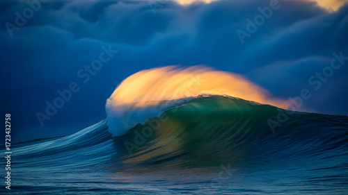 Fototapeta Naklejka Na Ścianę i Meble -  A large ocean wave cresting under a dramatic sky with golden light illuminating the water's surface.