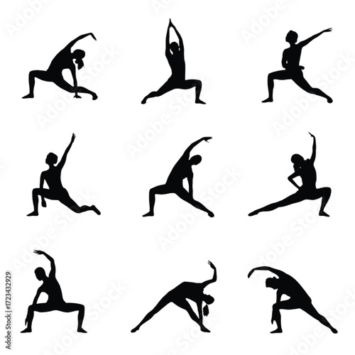 Nine black yoga poses silhouettes on white background