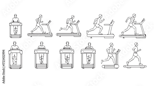 Collection of athletic figures running and jumping on treadmills and hurdles depicted in hand-drawn sketch style silhouette