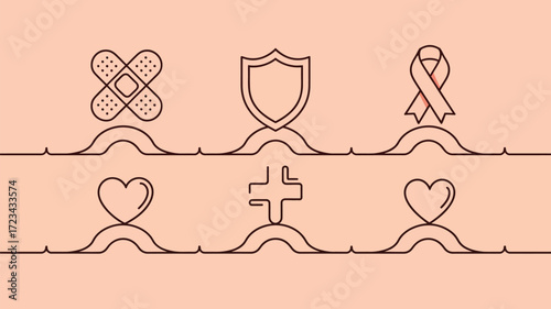 Illustration of health symbols including a bandage shield ribbon heart and plus sign on a line