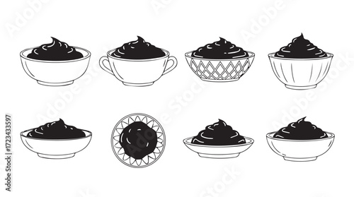 Collection of delicious red desserts in artistic glass bowls and cups silhouette