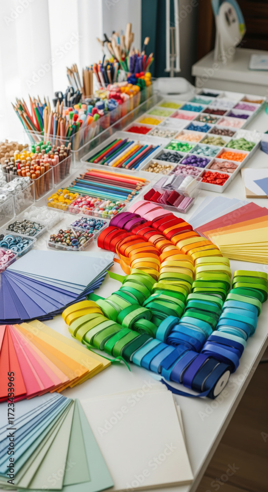 Fototapeta premium Colorful art supplies including ribbon, paper, pencils, beads, and buttons arranged neatly on white table, creating vibrant and creative workspace atmosphere