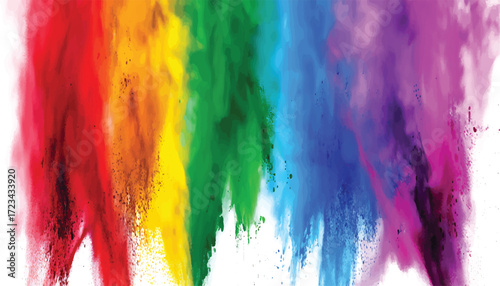 Dynamic burst of rainbow colors with powdered pigment exploding against a clean white background, creating an energetic abstract visual