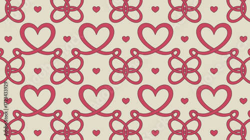Seamless pattern of hearts and infinity symbols in pink on a light beige background repeating design