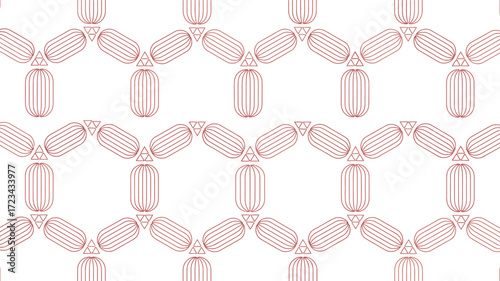 A repeating pattern of triangles and rounded rectangles with vertical lines on a white background artfully arranged