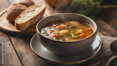 Steaming bowl of vegetable soup with bread on a wooden table