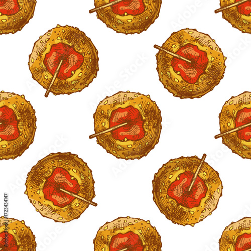 Hand drawn vintage seamless pattern of caramel apple with nut coating and stick, colorful sketch vector illustration