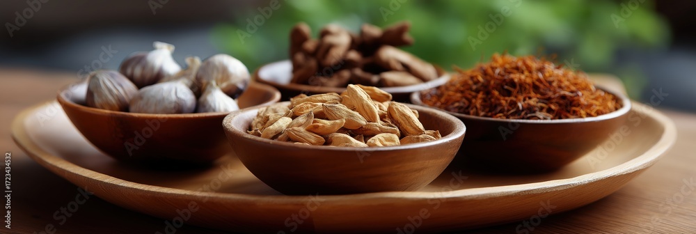 Obraz premium Assorted spices in wooden bowls on rustic plate