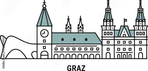 Graz Austria Landmark Vector Illustration Skyline Building Cityscape Color Flat Design