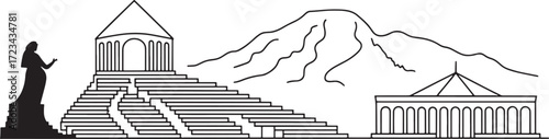 Yerevan Armenia Landmark Outline Illustration Mountain Staircase Statue Skyline Building