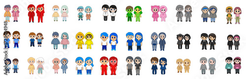 A large collection of 8-bit style pixel art characters, featuring a diverse set of people, couples, and families for video game assets