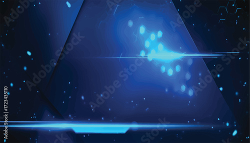 Abstract futuristic technology background with glowing blue geometric shapes and dynamic light flare