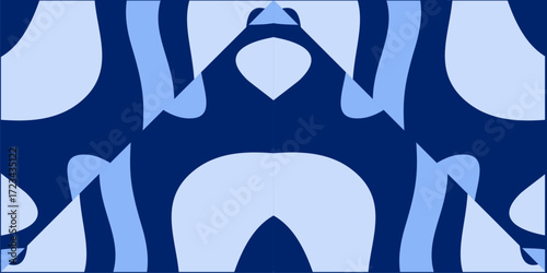 An abstract symmetric pattern in shades of deep blue and light blue evoking organic fluid shapes and architectural elements.