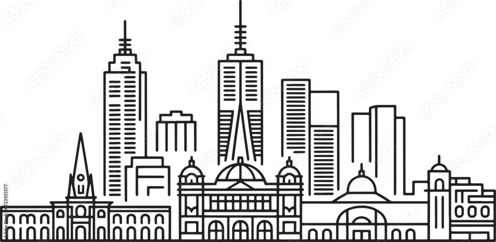 Naklejka premium Melbourne Skyline Vector Silhouette Minimalist Cityscape Outline Travel Australian Urban Building