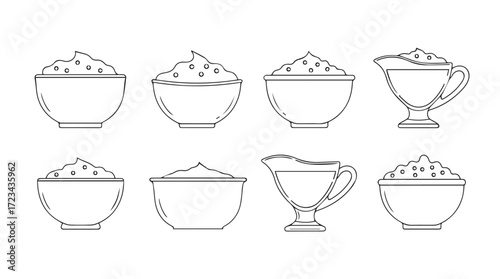 Collection of hand drawn whisked bowls and gravy boats filled with ingredients sketch silhouette