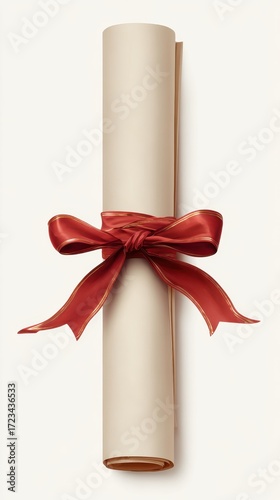 Diploma Scroll with Ribbon: A close-up shot presents a rolled-up parchment scroll, tied gracefully with a vibrant red ribbon.