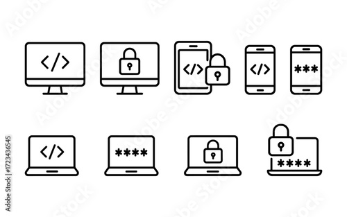 Cybersecurity icons set. Computer, smartphone and tablet with lock, password protection and secure login.