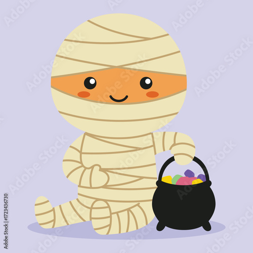 Cute mummy cartoon character posing sitting relaxed while holding candy in a bucket