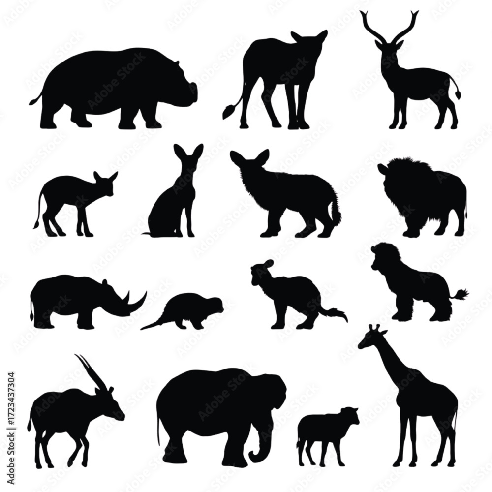 Obraz premium Collection of African animal silhouettes on white background