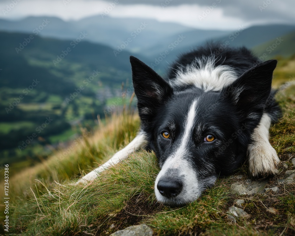 Fototapeta premium A beautiful black and white border collie lying down peacefully on a grassy hilltop overlooking rolling hills and mountains on a cloudy day outdoors landscape.
