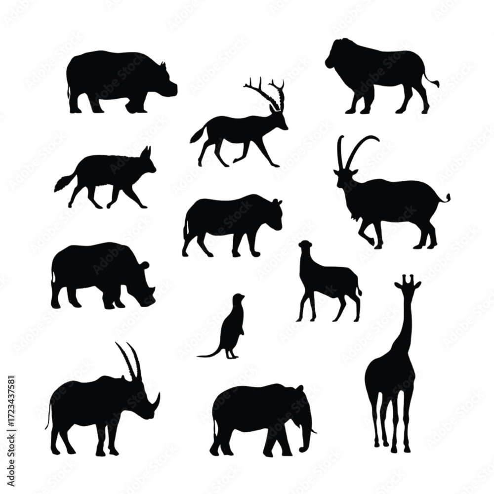 Fototapeta premium Collection of African Wildlife Silhouettes on White Background