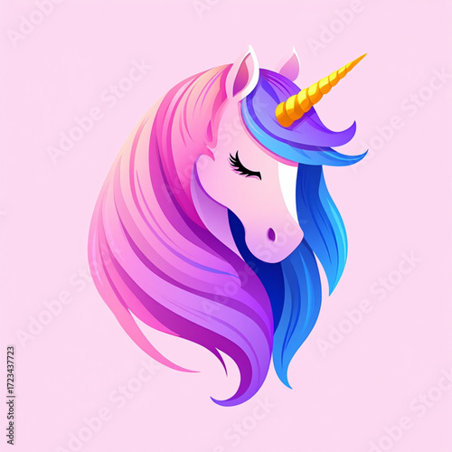 Whimsical unicorn head with colorful mane and golden horn