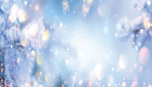 Magical winter background with glistening snow on branches and beautiful festive bokeh lights