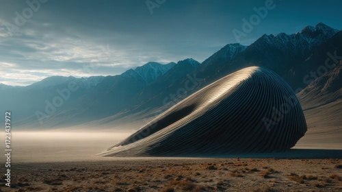 Futuristic curvilinear structure in serene mountain landscape at dawn