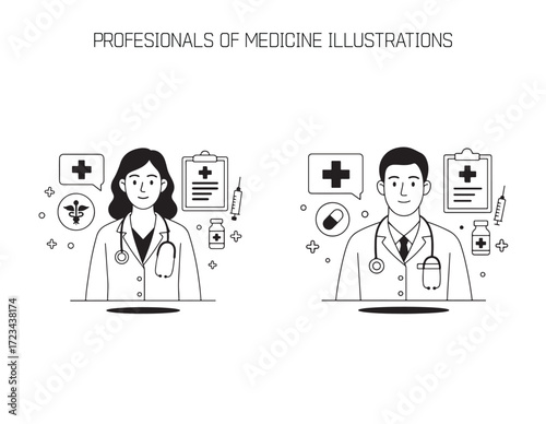 Healthcare Professionals Illustration: A sophisticated illustration presenting a male and female healthcare professional, designed with a focus on clarity and visual appeal.