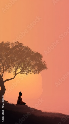 Serene Solitude: A solitary figure, lost in meditation beneath the expansive canopy of a tree, basks in the gentle glow of the setting sun, capturing the essence of tranquility.