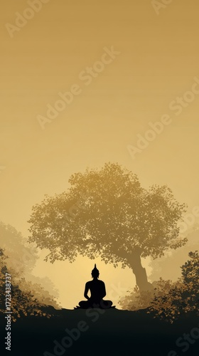 Serene Meditative Pose Under the Banyan Tree: A silhouette of a figure in a deep meditative pose under the banyan tree, the soft hazy gold in the background. Evoking a sense of inner peace, calm.