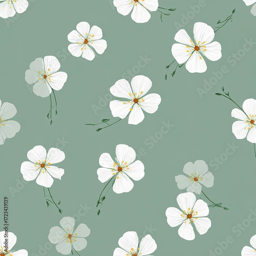 Seamless pattern of small white flowers with green stems on a sage green background.  The flowers are simple, slightly stylized, and evenly distributed